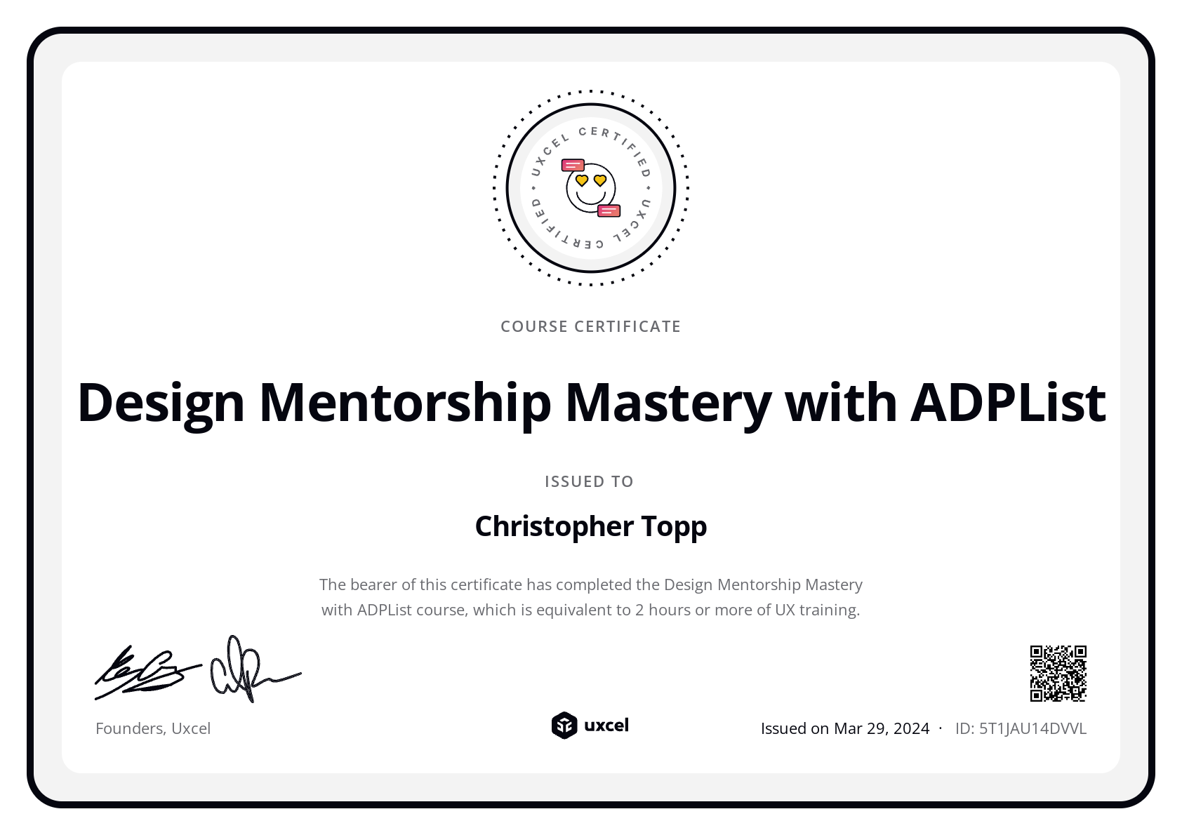 Christopher Topp's certificate